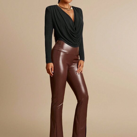 Black Elegant Women's Plunging Neckline Long Sleeve Bodysuit - Picture 4 of 7